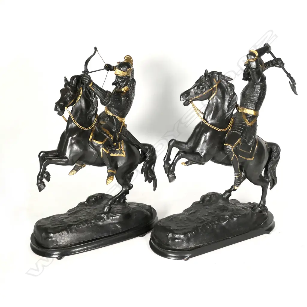 A pair of spelter equestrian figures of warriors Image 1++