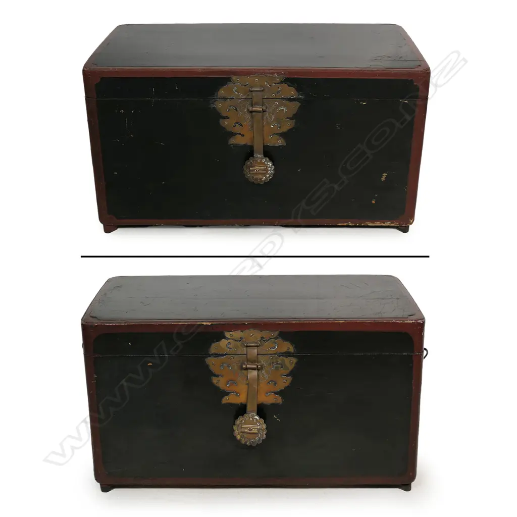 A near pair of Korean wedding chests, in black and maroon lacquer, oblong, with later glass tops to serve as occasional tables, largest 660 x 340 x 370mm. Image 1++