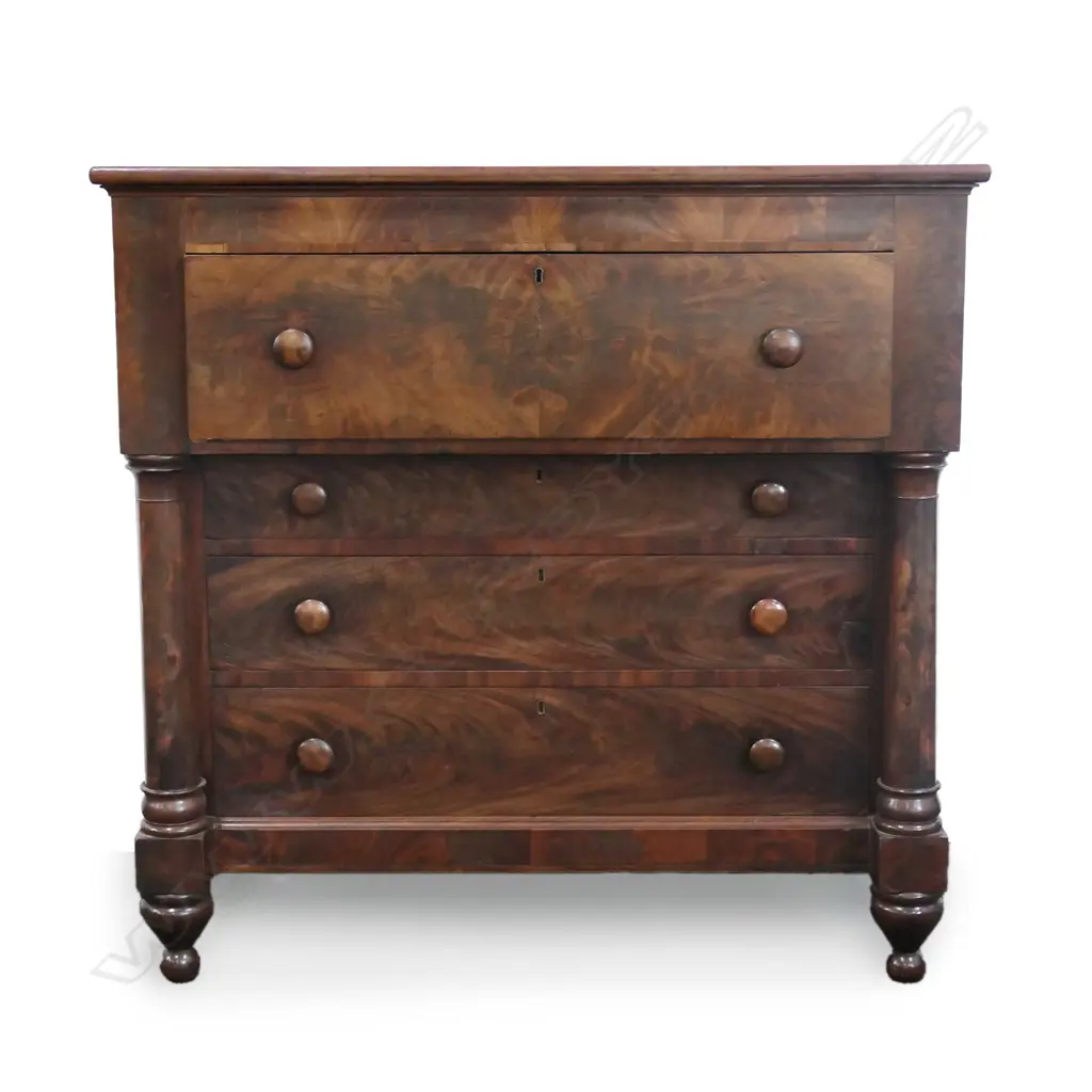A Victorian flame mahogany secretaire chest Image 1++