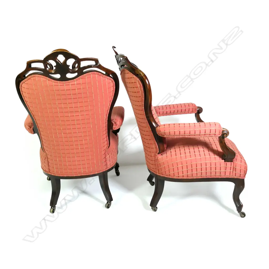 A pair of good Victorian mahogany carved frame grandfather chairs Image 1++