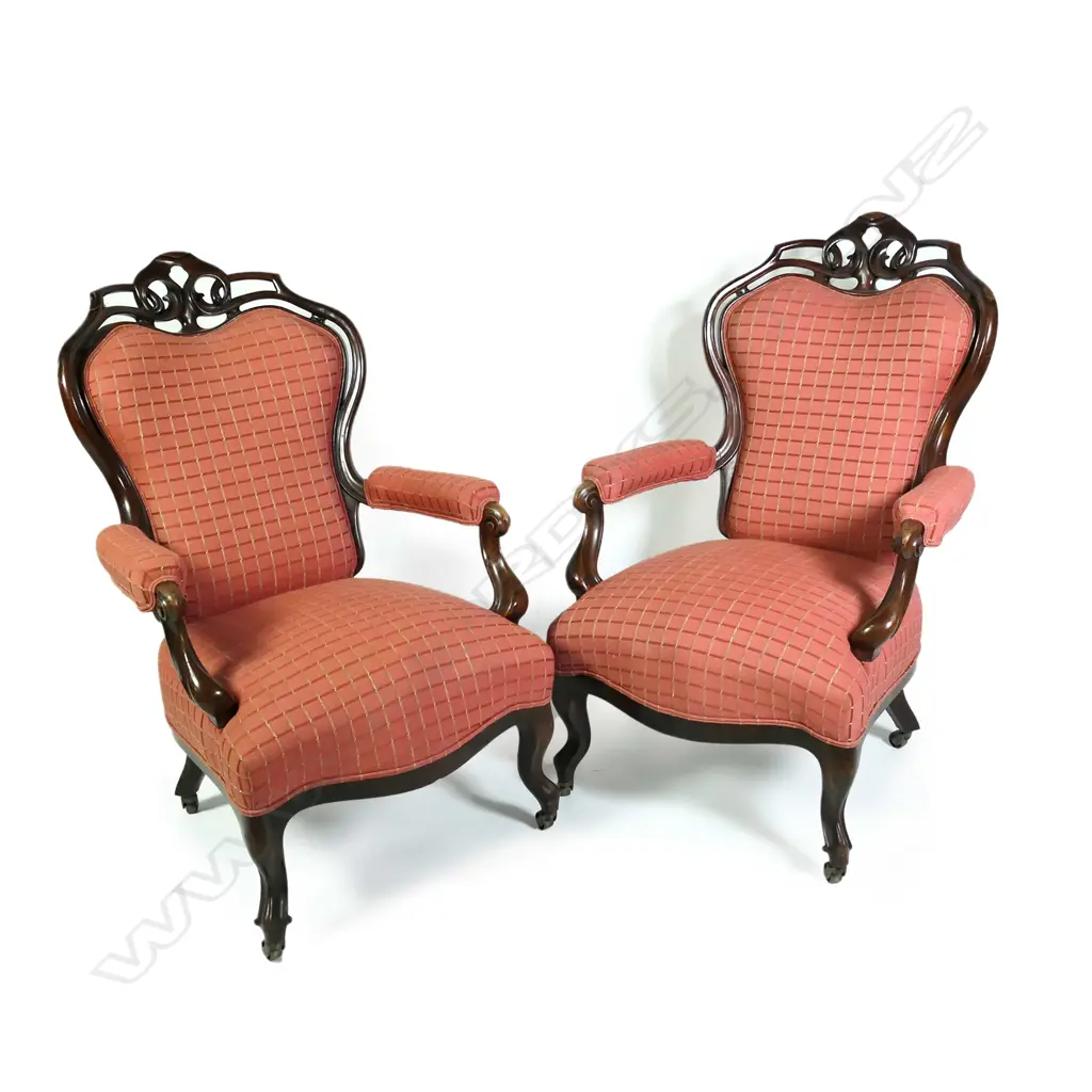 A pair of good Victorian mahogany carved frame grandfather chairs Image 1++