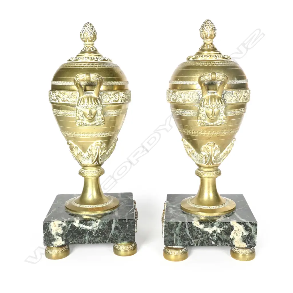 A pair of 19thC French bronze and marble lidded urn garnitures Image 1++