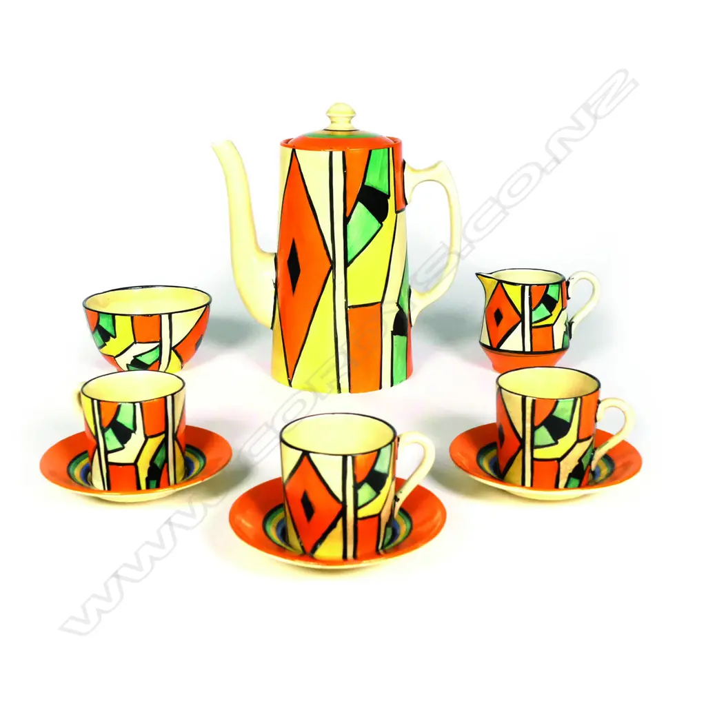 A c1930 Clarice Cliff Bizarre 'Diamonds' part coffee set Image 1++