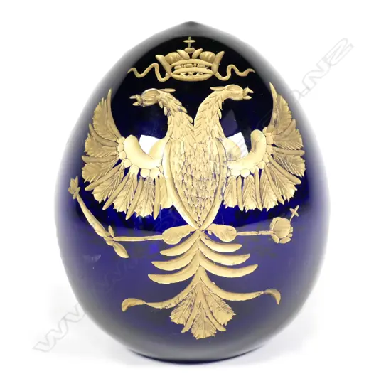 A cobalt blue glass egg engraved in the Russian Imperial manner