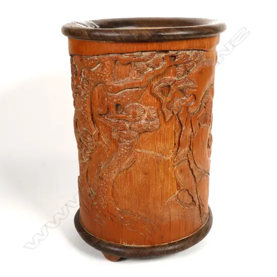 A Chinese carved bamboo brush pot