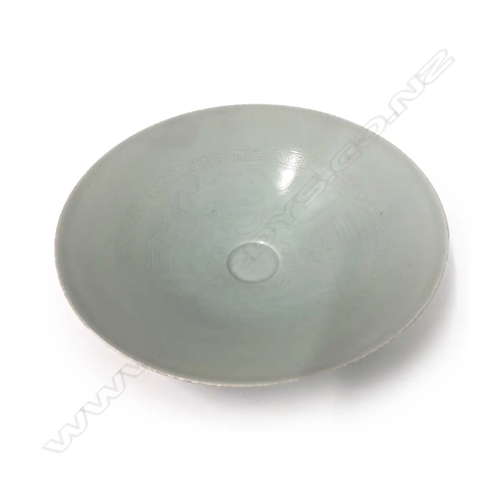 A fine Chinese porcelain celadon flared shallow bowl Image 1++