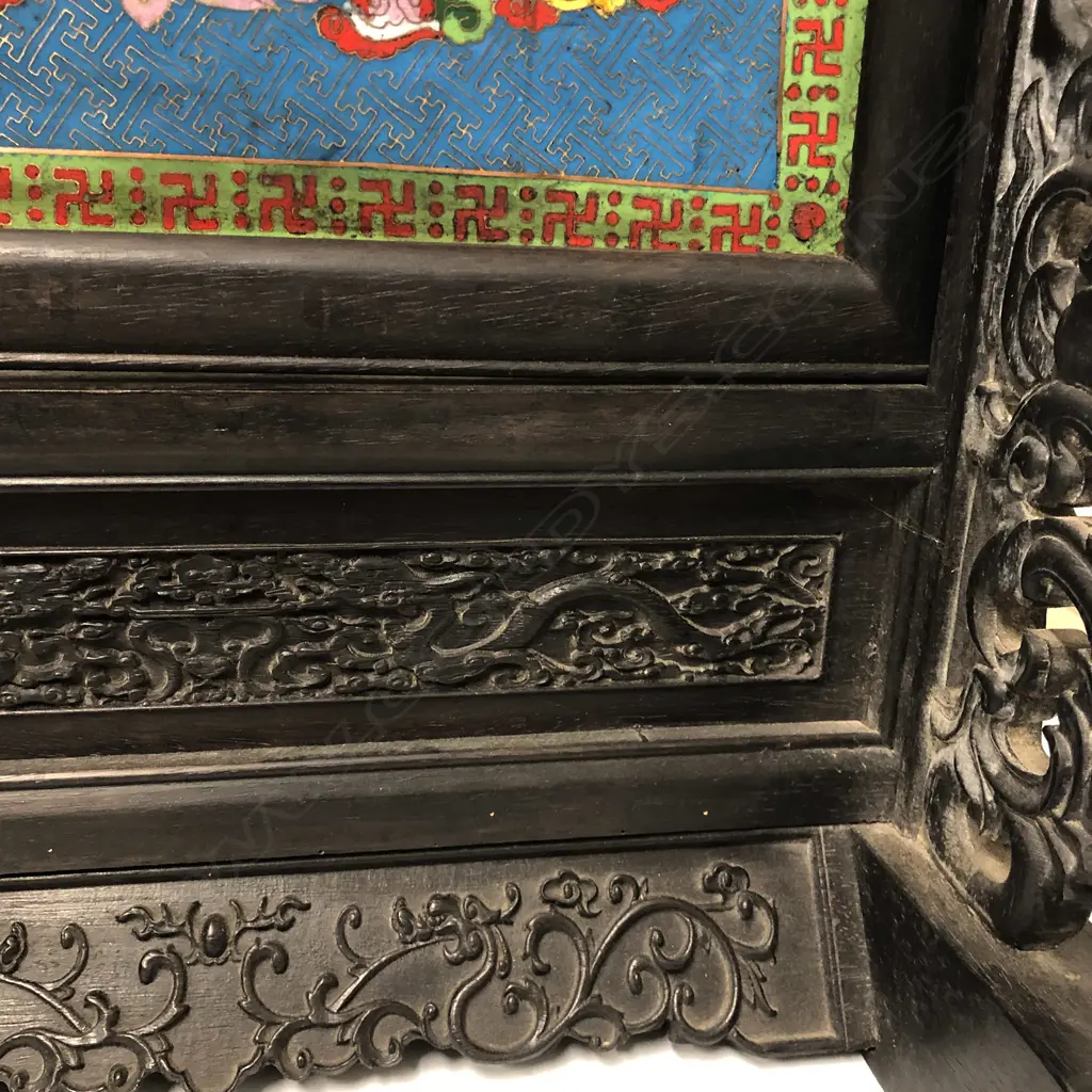 An oriental cloisonne and hardwood table screen Image 1++