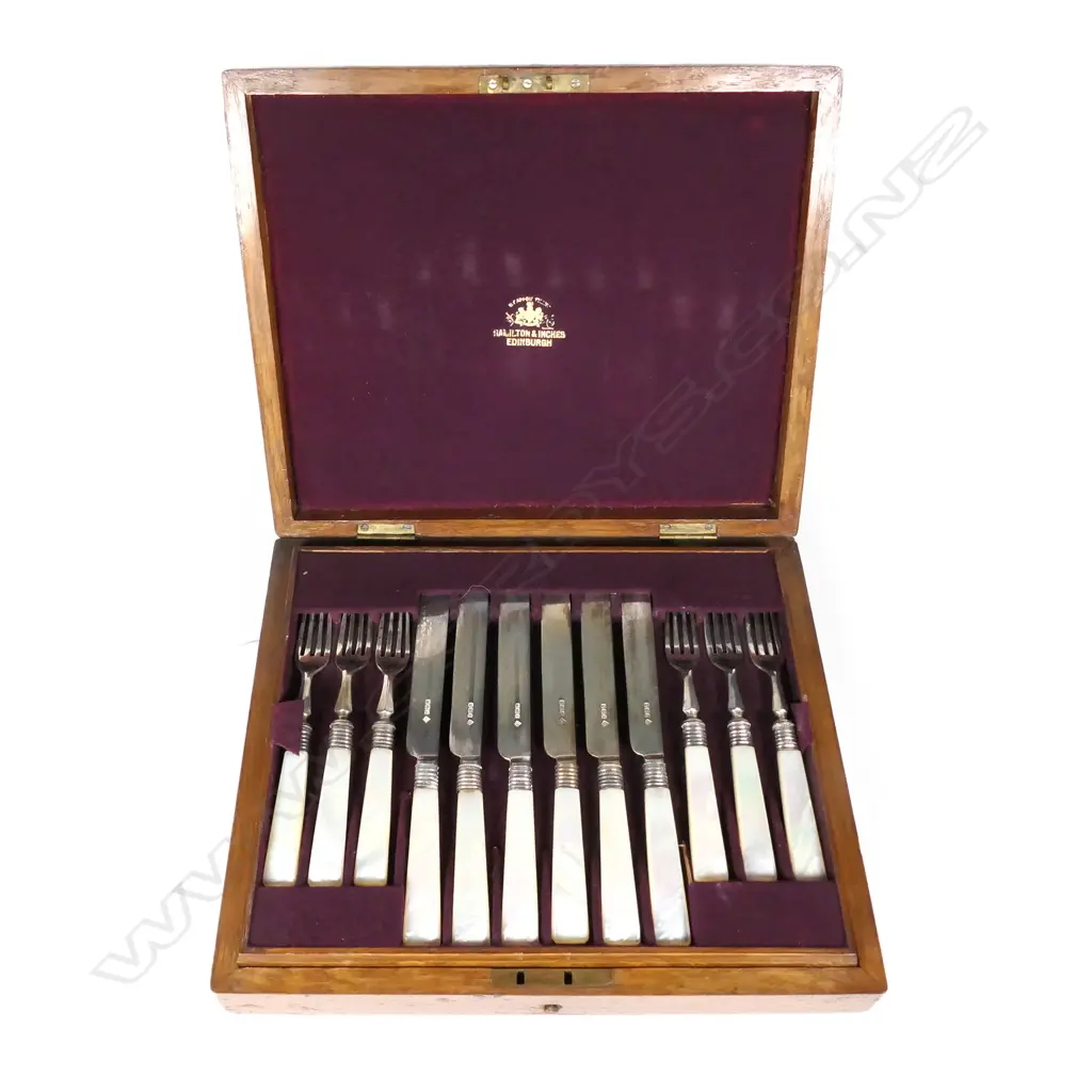 A set of late Victorian silver fruit knives and forks with mother-o'-pearl handles Image 1++