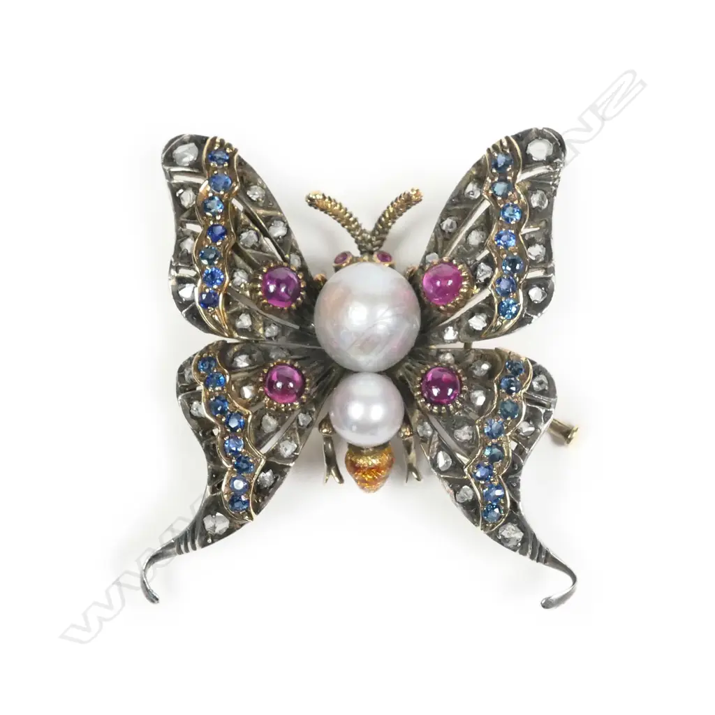 A Victorian 15ct yellow gold and silver gem set butterfly brooch Image 1++