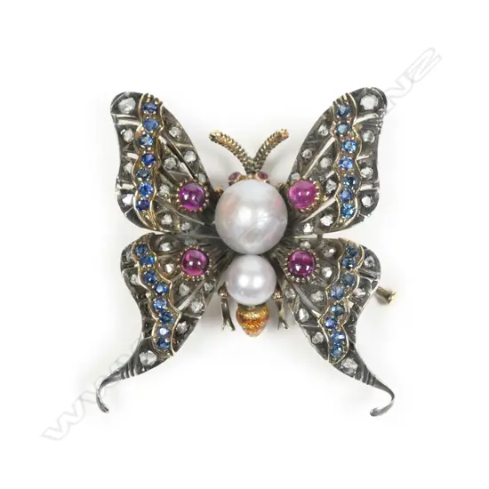 A Victorian 15ct yellow gold and silver gem set butterfly brooch