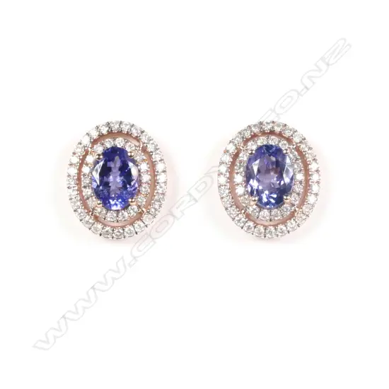 A pair of 14ct rose gold tanzanite and diamond double halo stud earrings
