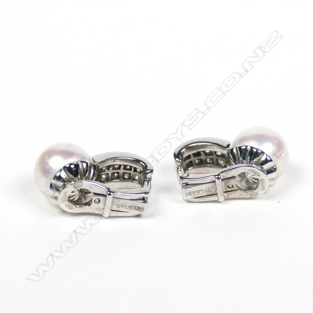 A pair of Bvlgari 18ct white gold diamond and pearl earrings Image 1++