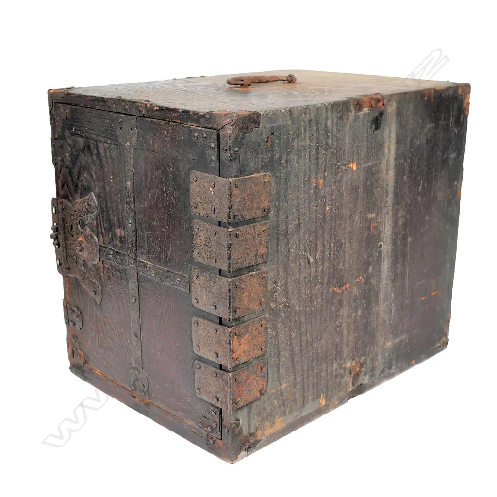 A 19thC Japanese paulownia iron bound ship's lock box Image 1++