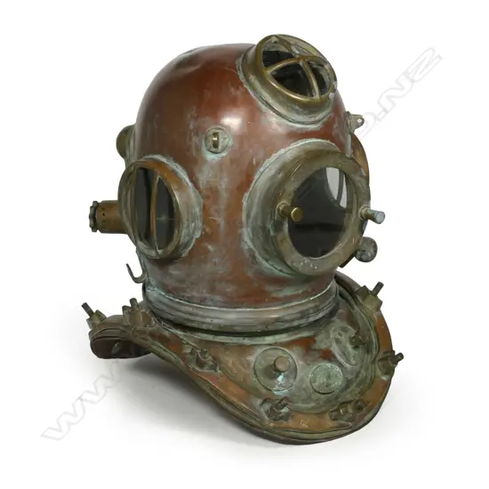 A vintage reproduction of a Siebe Gorman and Co. 12-bolt diving helmet