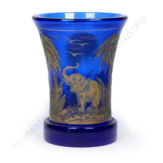 A rare Moser Karlsbad 'Elephants' Oroplastic/cameo glass vase by Rudolf Wels