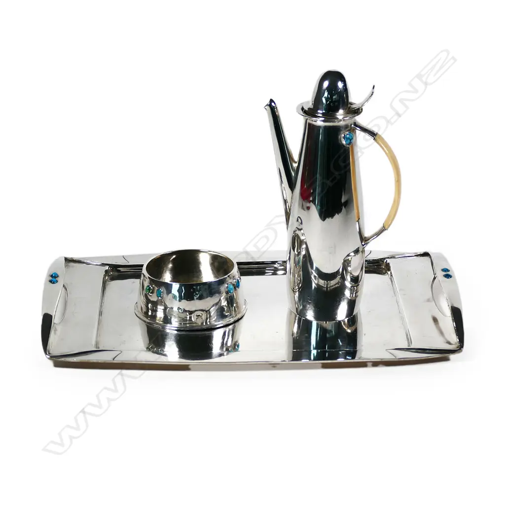 A rare Archibald Knox three-piece Cymric silver coffee service for Liberty & Co. Image 1++