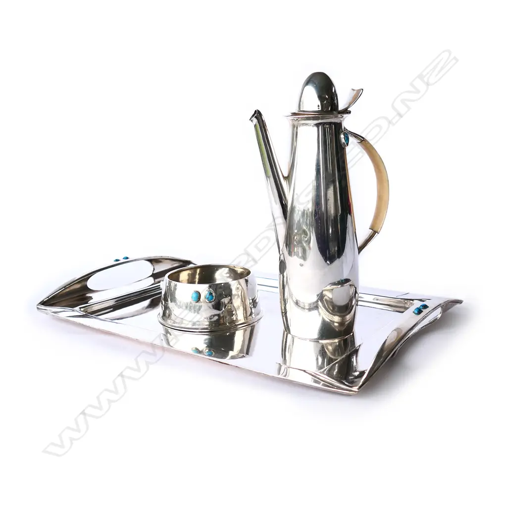 A rare Archibald Knox three-piece Cymric silver coffee service for Liberty & Co. Image 1++