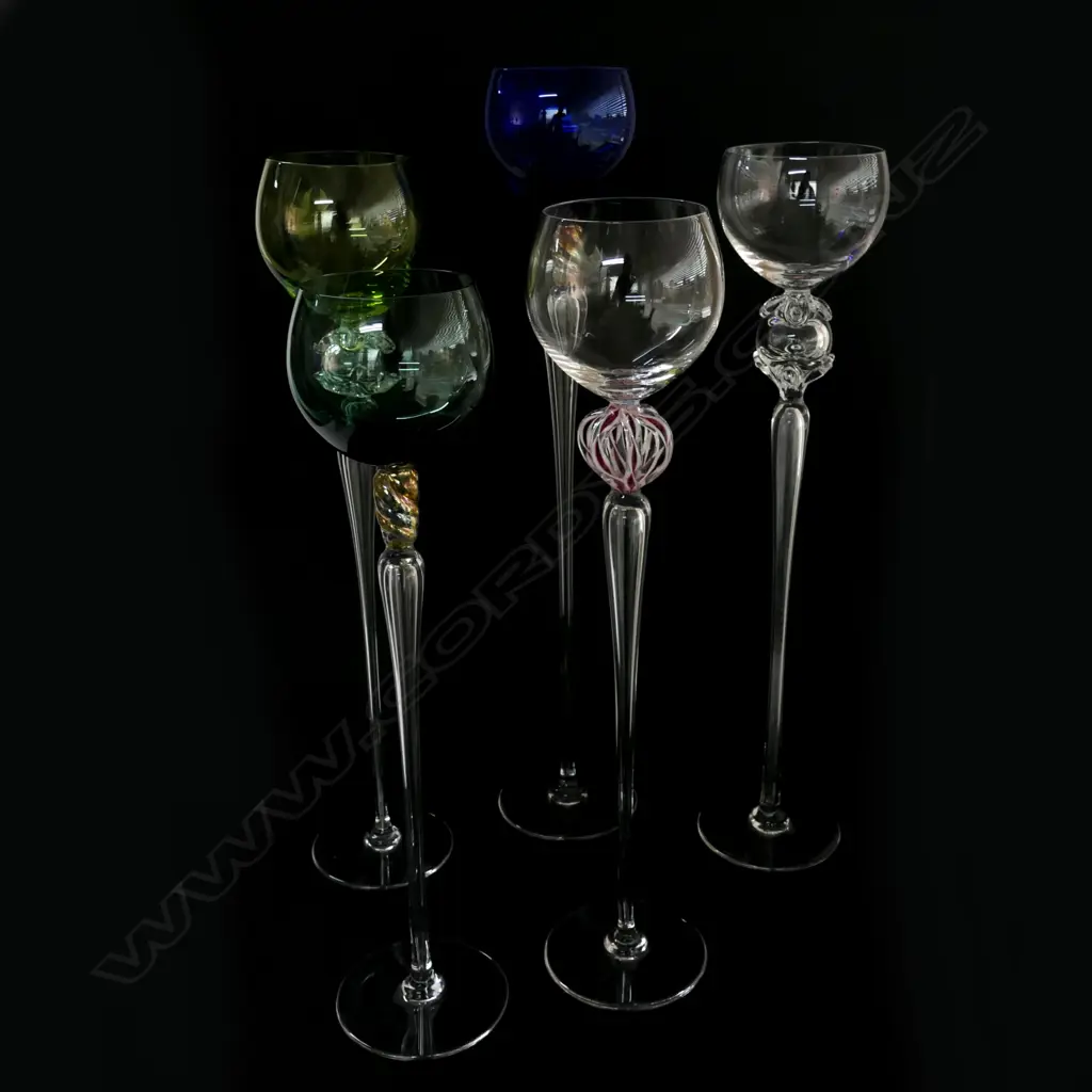 A harlequin set of five Val St. Lambert long stemmed wine glasses Image 1++