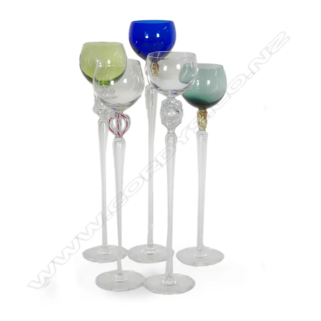 A harlequin set of five Val St. Lambert long stemmed wine glasses Image 1++