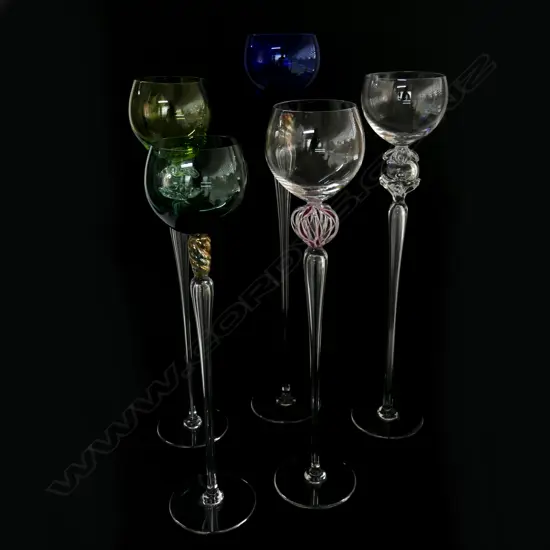A harlequin set of five Val St. Lambert long stemmed wine glasses