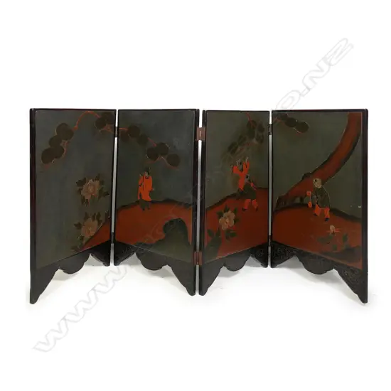 A late 19thC oriental four-fold painted and lacquered table screen