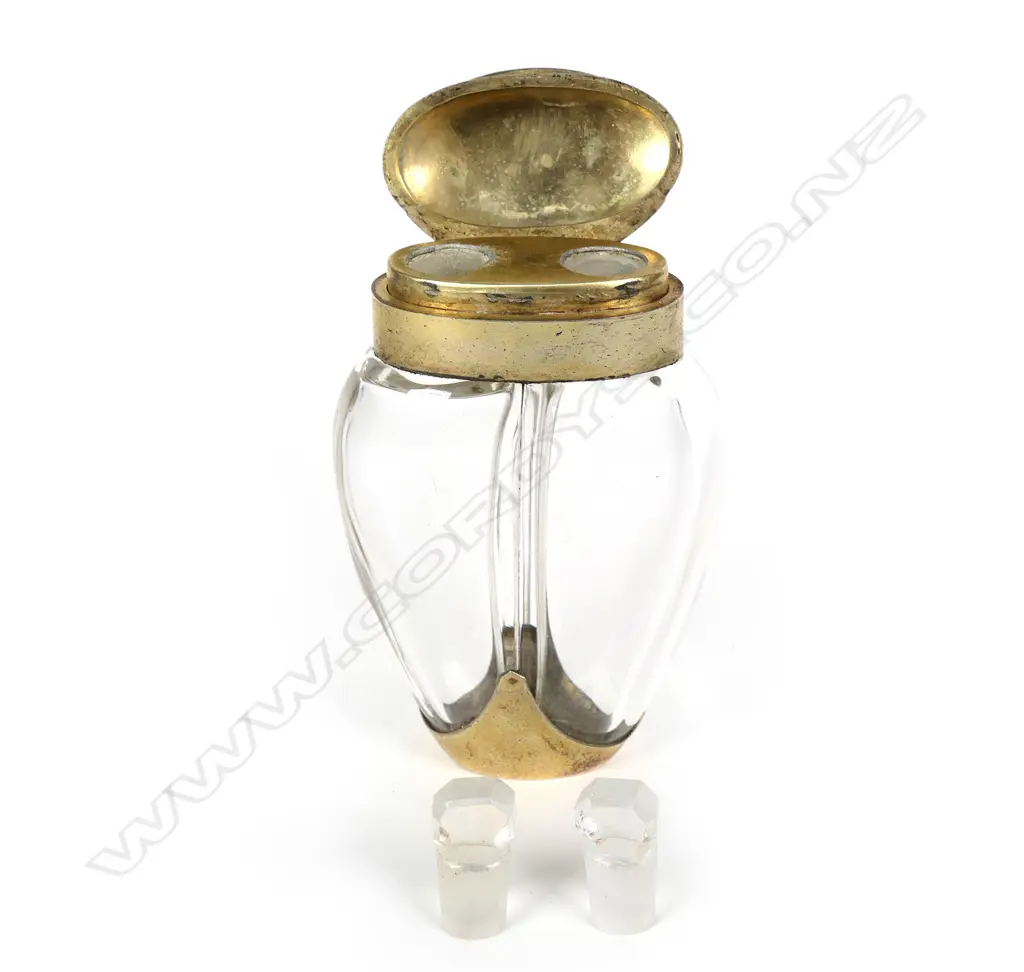 A good late 19thC French Art Nouveau silver gilt and glass twin compartment scent bottle Image 1++