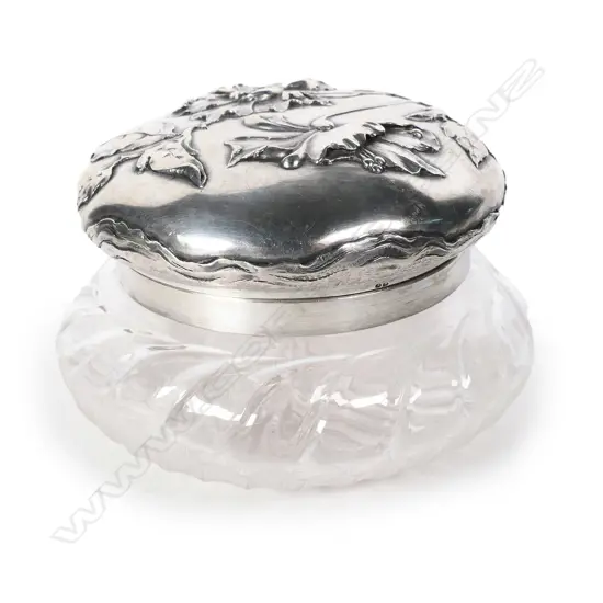 A late 19thC French silver and glass Art Nouveau lidded vanity jar