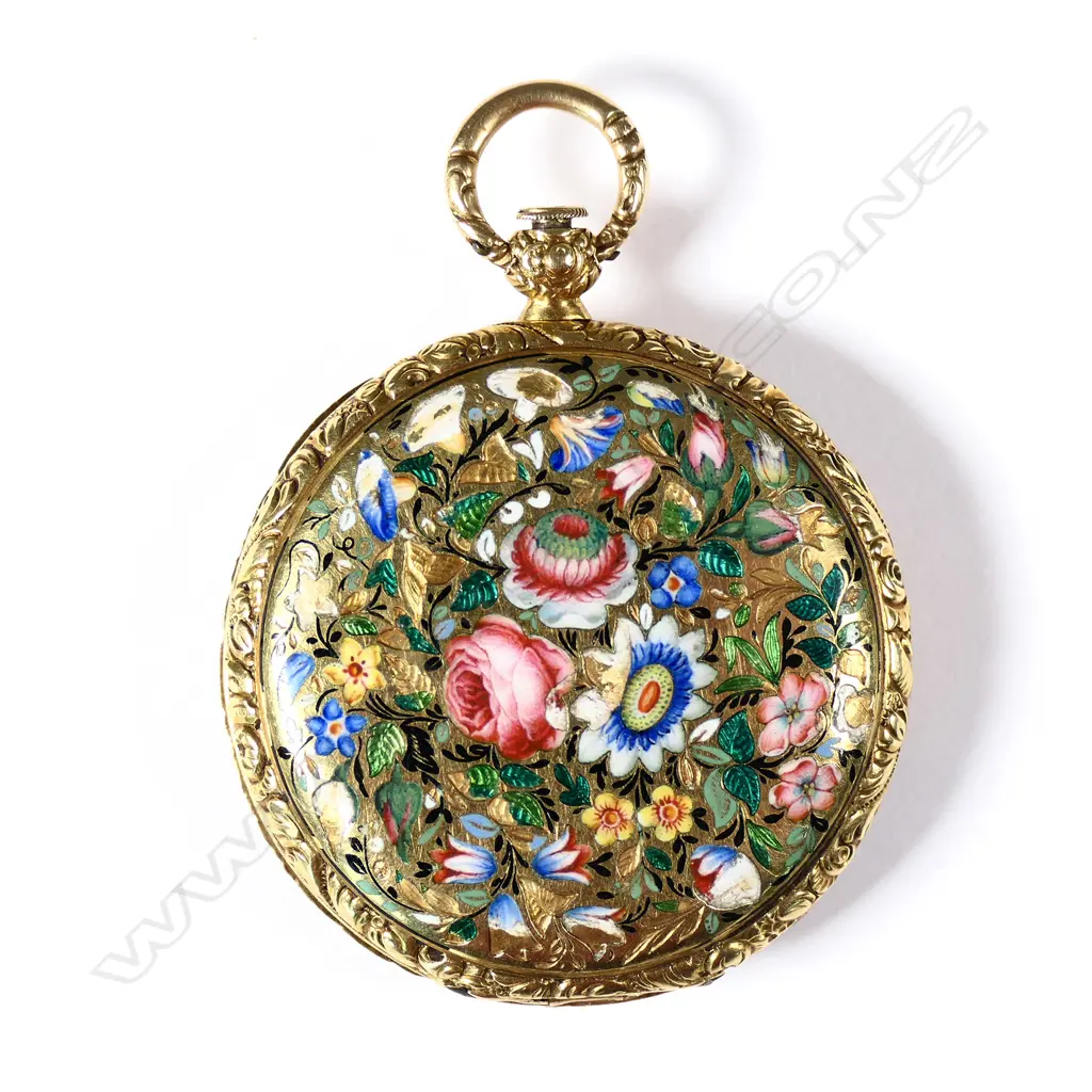 A 19thC 18ct yellow gold enamelled pocket watch Image 1++