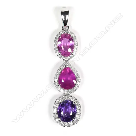 A 14ct white gold pink sapphire and diamond drop pendant
