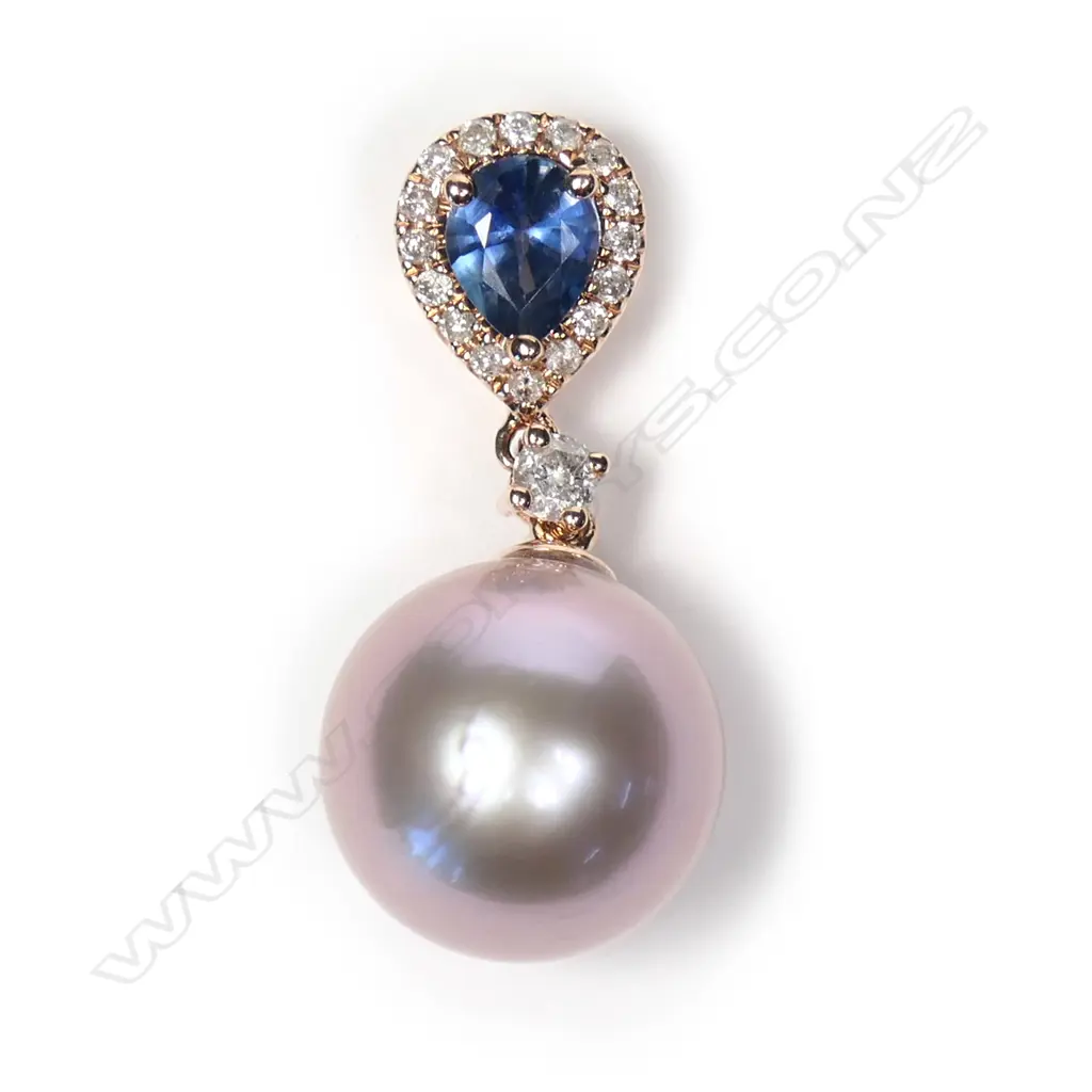 A 14ct rose gold sapphire diamond and pearl pendant Image 1++