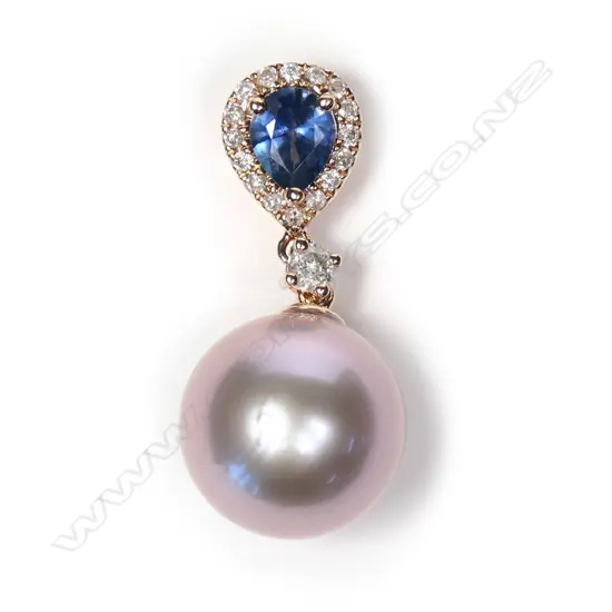 A 14ct rose gold sapphire diamond and pearl pendant