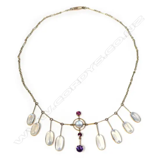 A stylish early 20thC 9ct yellow gold moonstone and gemstone necklace