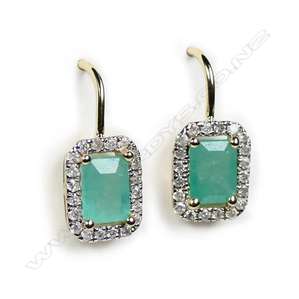 A pair of 14ct yellow gold Columbian emerald and diamond earrings Image 1++