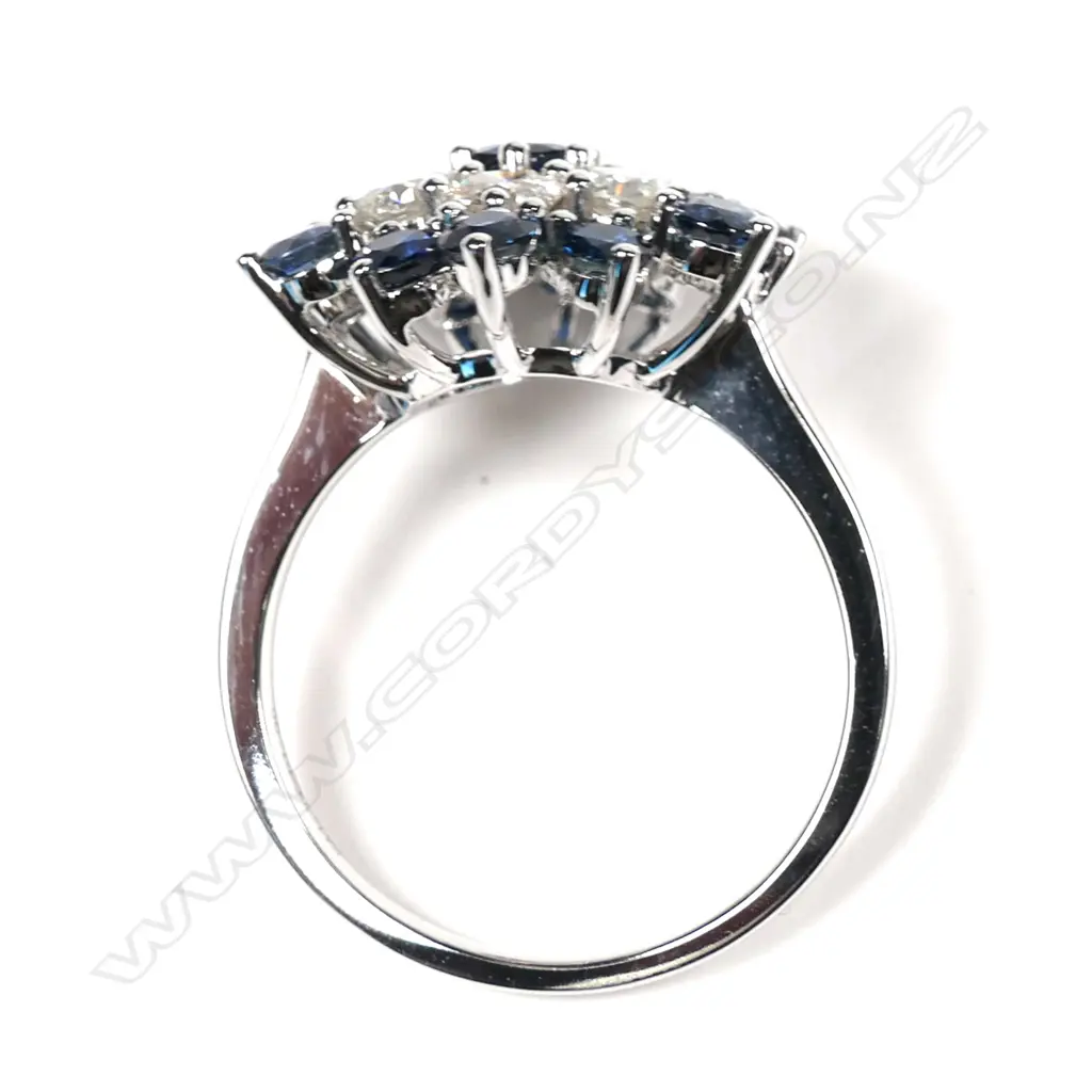 A 14ct white gold sapphire and diamond cluster ring Image 1++