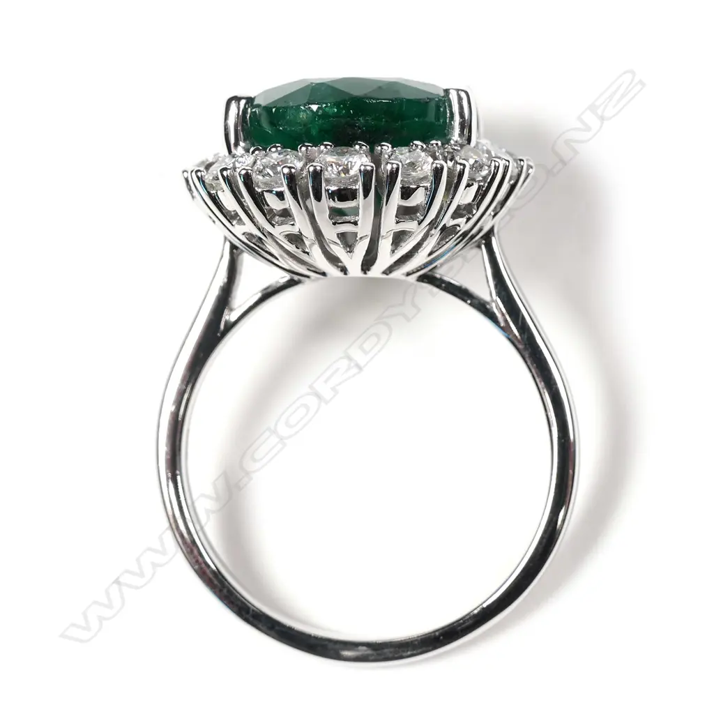 A 14ct white gold Zambian emerald and diamond halo ring Image 1++