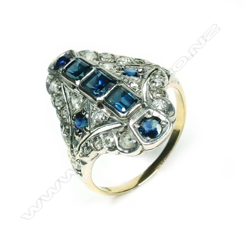 An 18ct white gold Art Deco diamond and sapphire ring Image 1++