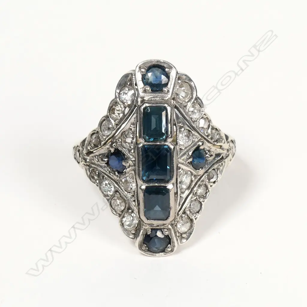 An 18ct white gold Art Deco diamond and sapphire ring Image 1++