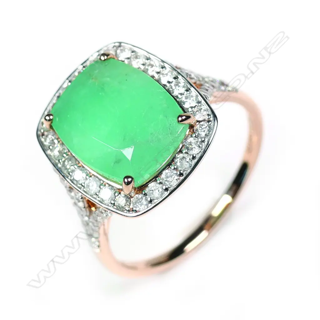14ct rose gold Columbian emerald and diamond halo ring Image 1++