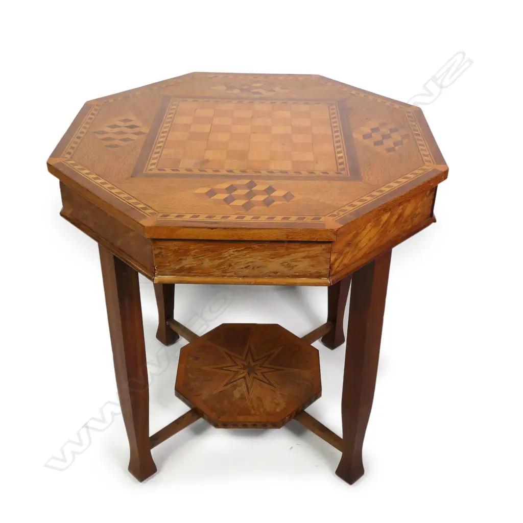 A 1920s New Zealand inlaid octagonal games table Image 1++
