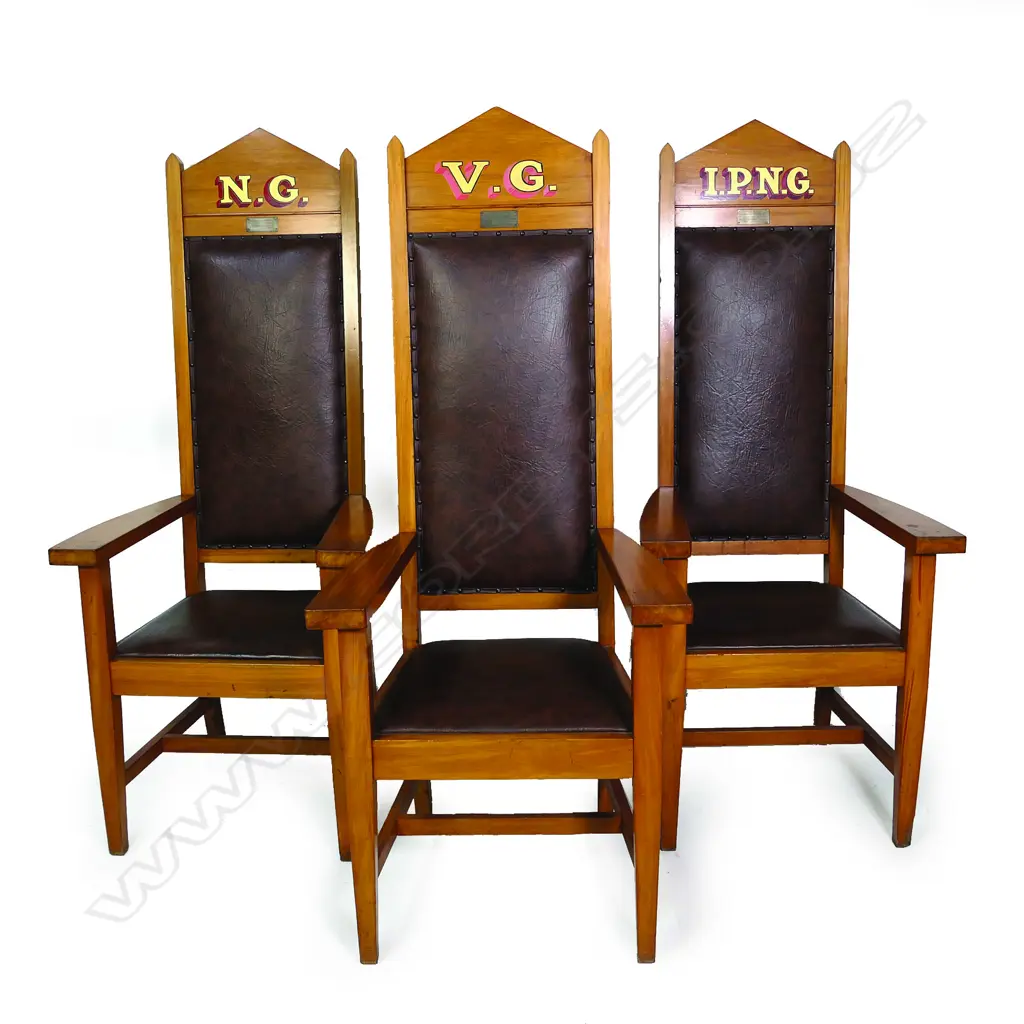 Three kauri Oddfellows Lodge office holder’s chairs Image 1++