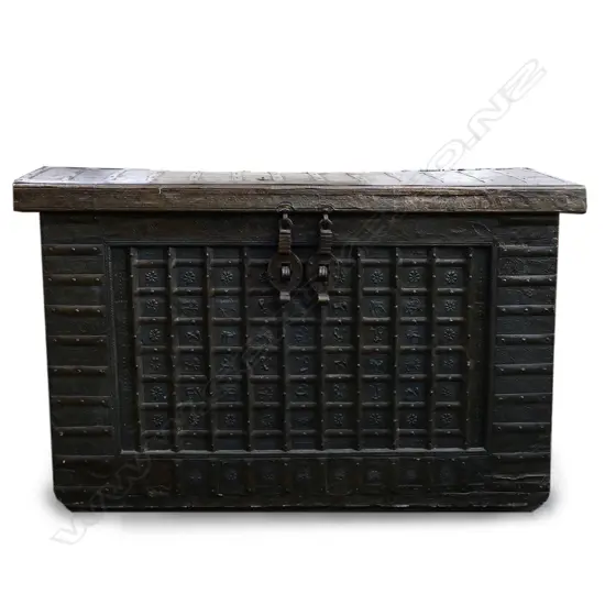 A large Indian steel sheathed sandalwood dowry coffer