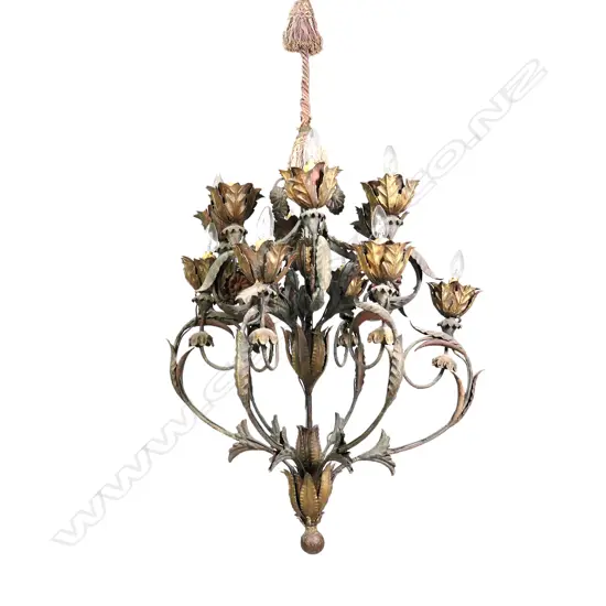 An ornate French style wrought iron chandelier