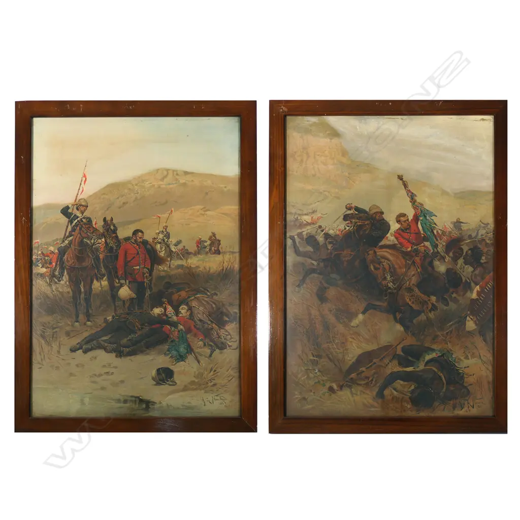 A pair of oleograph prints of a Boer War engagement and aftermath Image 1++