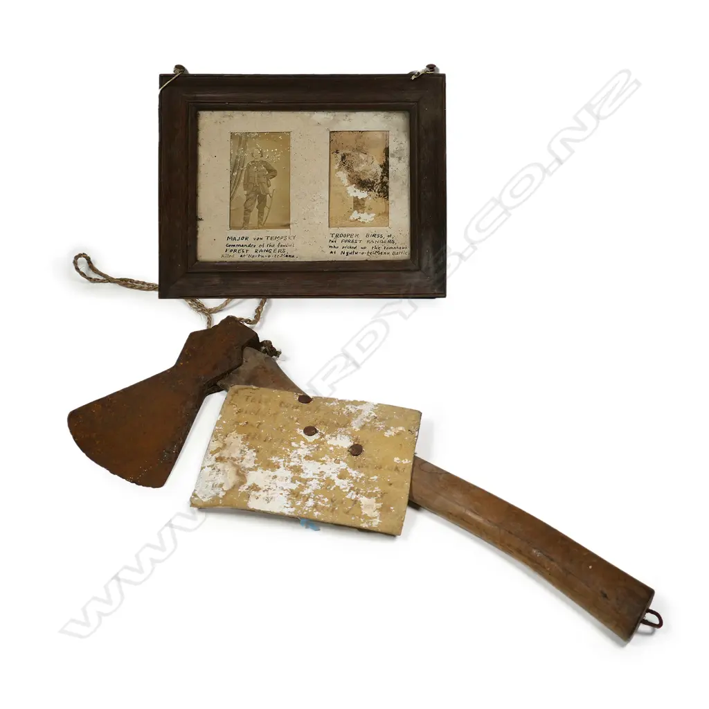A New Zealand Land Wars historical tomahawk souvenired by William Birss together with von Tempsky and Birss photographs Image 1++
