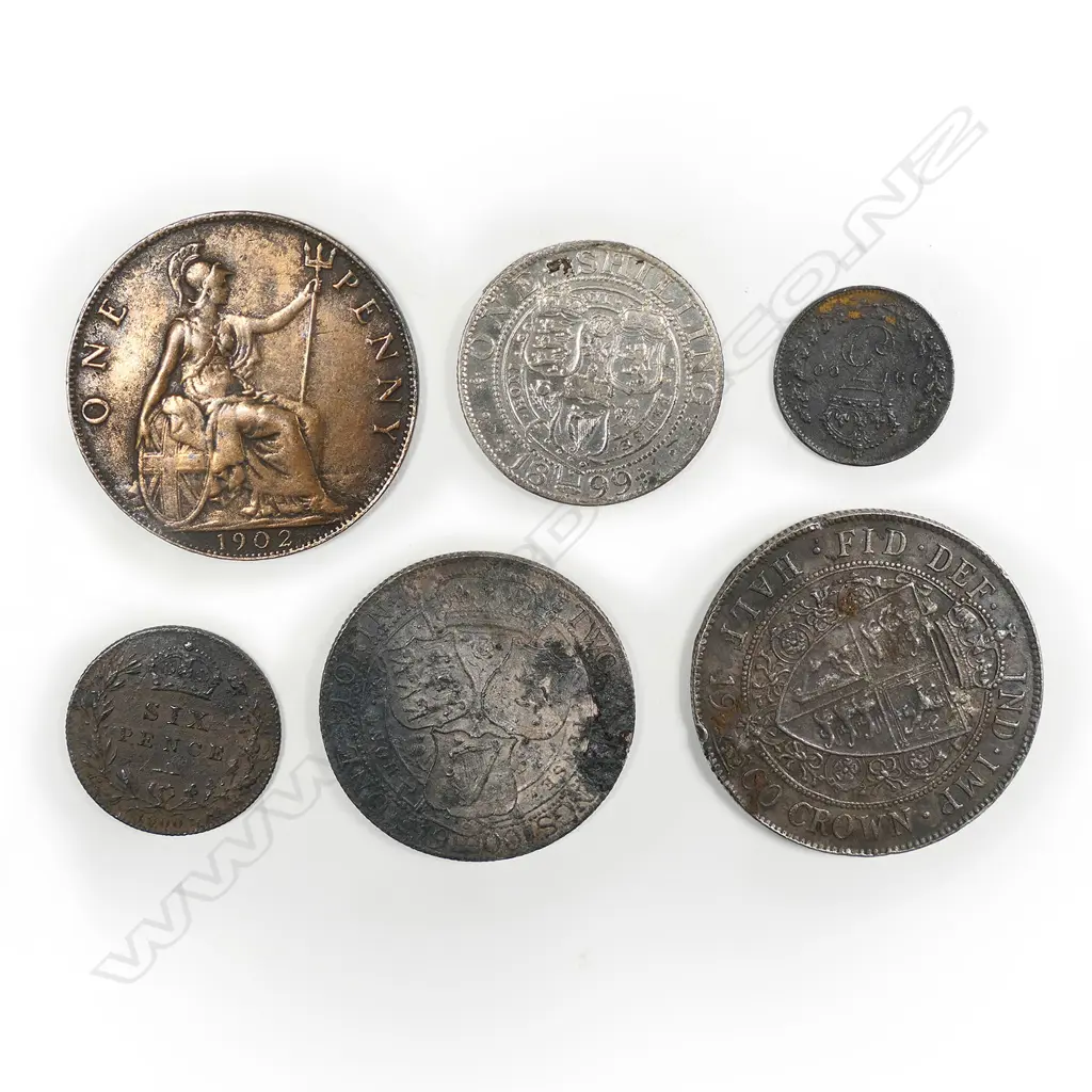 A set of six silver and copper coins from the wreck of the SS Elingamite Image 1++