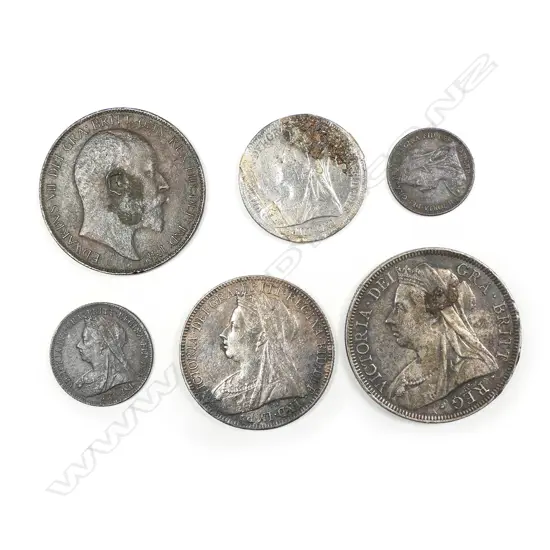 A set of six silver and copper coins from the wreck of the SS Elingamite