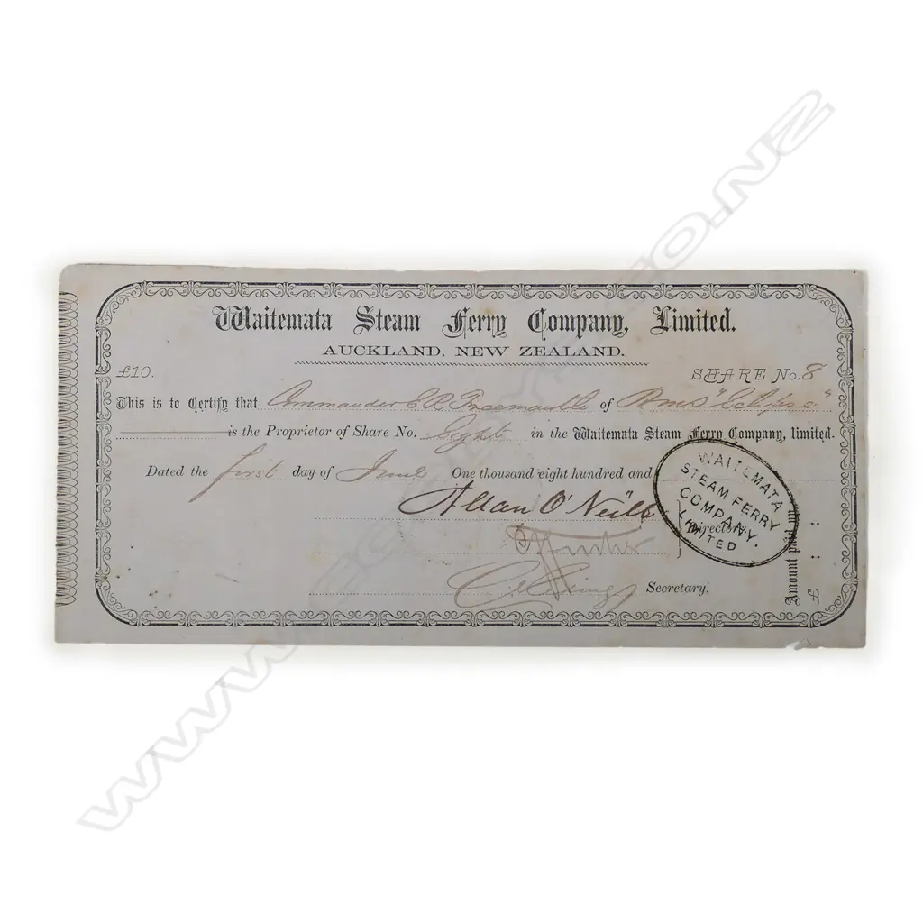 An 1864 Waitemata Steam Ferry Company Limited share certificate Image 1++