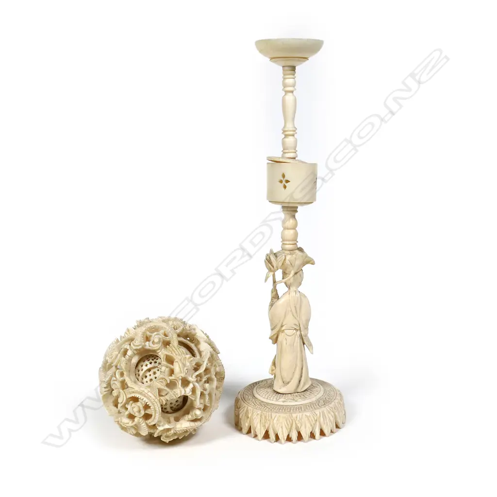 A Chinese carved ivory puzzle ball on stand Image 1++