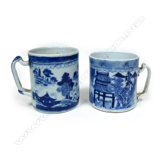 Two Chinese 18thC export porcelain blue and white mugs