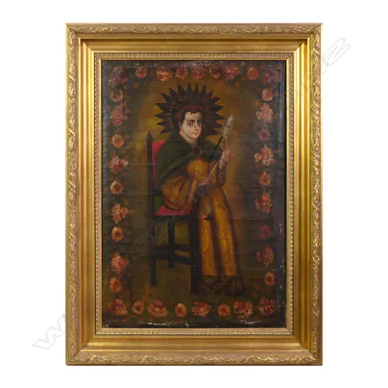 A Guatemalan religious iconographic oil of The Child Mary Spinning